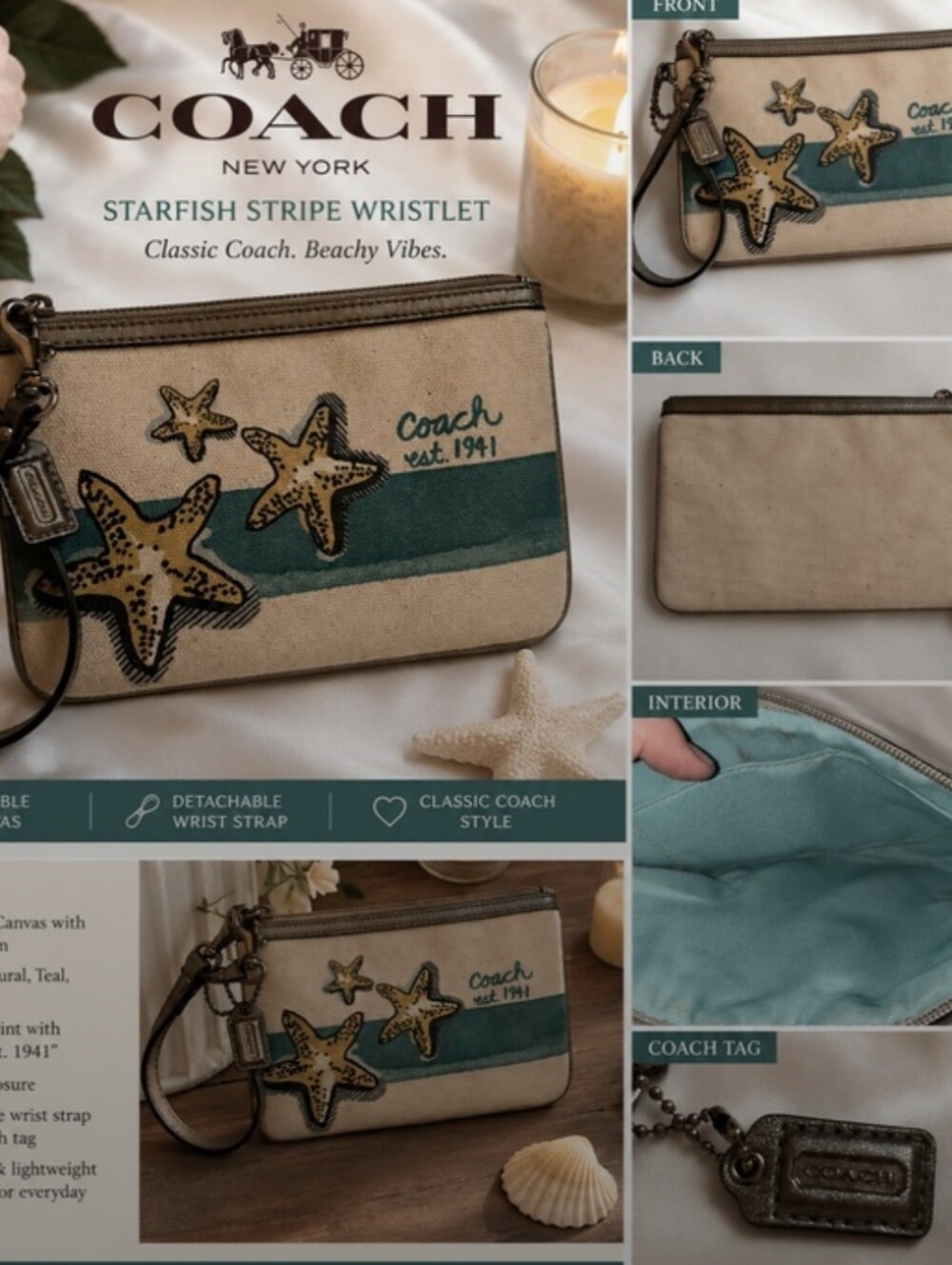 Coach Starfish Stripe Wristlet - Natural & Teal Canvas RARE HTF
